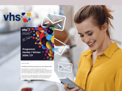 Eine Frau schaut auf ihr Handy, daneben ist das Editorial des neuen Newsletters zu sehen