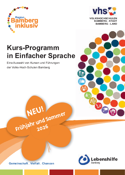 vhs-Programmheft in Einfacher Sprache Frühjahr-Sommer 2026. Klicken, um PDF mit 2,8 MB zu öffnen.