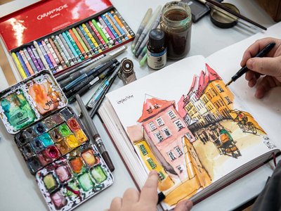 Urban Sketching Motiv, verschiedene Mal-Materialien