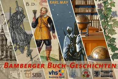 Mehrere schmale Ausschnitte aus historischen Abbildungen und die Logos Kooperationspartner der Bamberger Buch-Geschichten