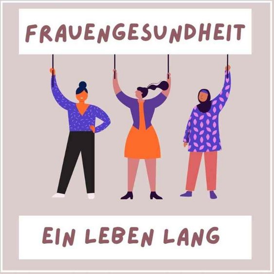 Das Bild zeigt eine Grafik von 3 Frauen, die das Schild "Frauengesundheit" hoch halten. 